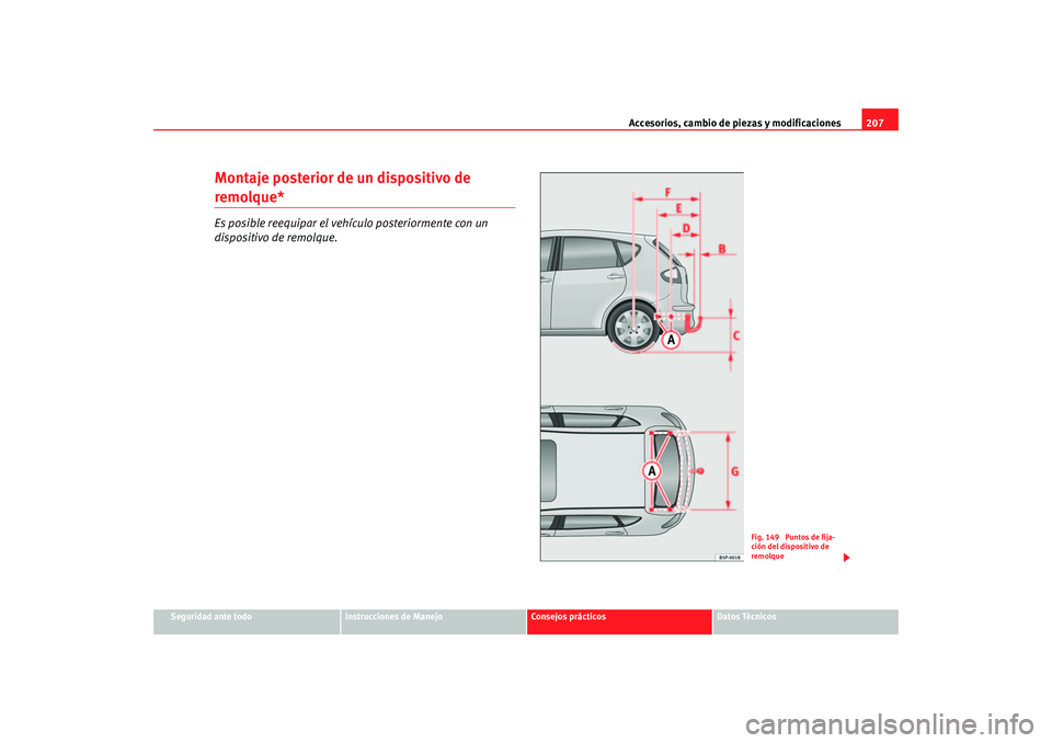 Seat Altea 2005 Manual de instrucciones (in Spanish) Accesorios, cambio de piezas y modificaciones207
Seguridad ante todo
Instrucciones de Manejo
Consejos prácticos
Datos Técnicos
Montaje posterior de un dispositivo de remolque*Es posible reequipar el Seat Altea 2005 Manual de instrucciones (in Spanish) Accesorios, cambio de piezas y modificaciones207
Seguridad ante todo
Instrucciones de Manejo
Consejos prácticos
Datos Técnicos
Montaje posterior de un dispositivo de remolque*Es posible reequipar el
