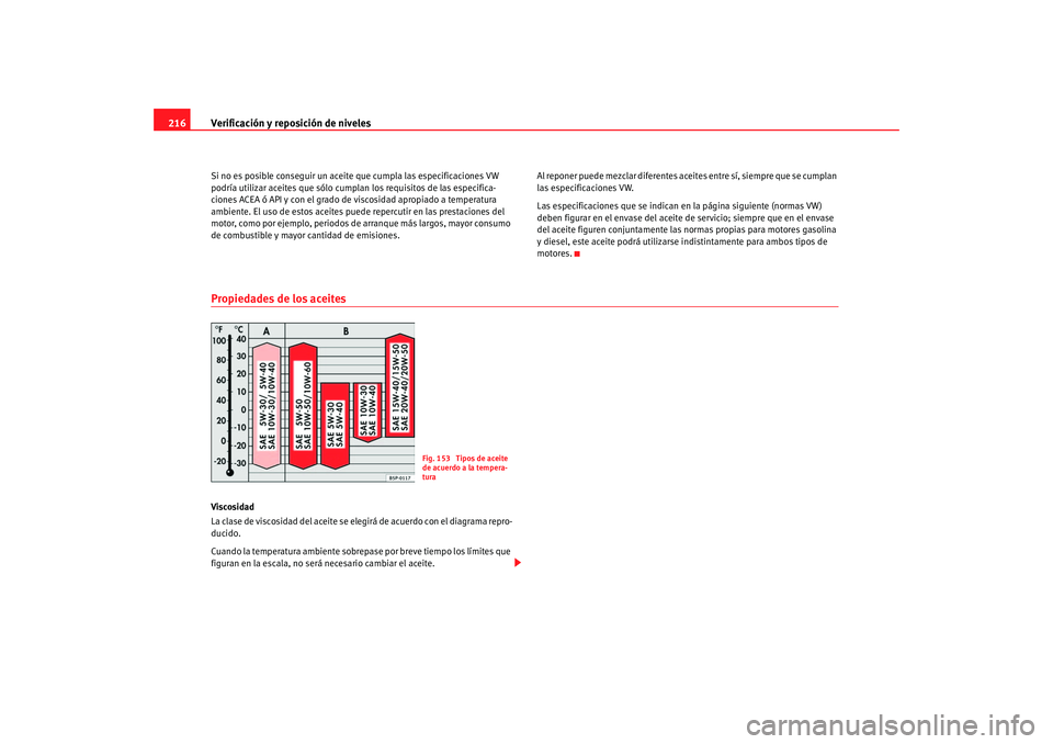 Seat Altea 2005 Manual de instrucciones (in Spanish) Verificación y reposición de niveles
216Si no es posible conseguir un aceite que cumpla las especificaciones VW
podría utilizar aceites que sólo cumplan los requisitos de las especifica-
ciones A Seat Altea 2005 Manual de instrucciones (in Spanish) Verificación y reposición de niveles
216Si no es posible conseguir un aceite que cumpla las especificaciones VW
podría utilizar aceites que sólo cumplan los requisitos de las especifica-
ciones A