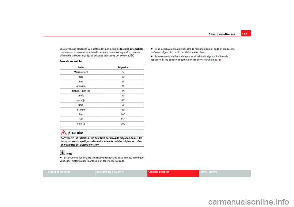 Seat Altea 2005 Manual de instrucciones (in Spanish) Situaciones diversas247
Seguridad ante todo
Instrucciones de Manejo
Consejos prácticos
Datos Técnicos
Los elevalunas eléctricos van protegidos por medio de
fusibles automáticos
que vuelven a con Seat Altea 2005 Manual de instrucciones (in Spanish) Situaciones diversas247
Seguridad ante todo
Instrucciones de Manejo
Consejos prácticos
Datos Técnicos
Los elevalunas eléctricos van protegidos por medio de
fusibles automáticos
que vuelven a con