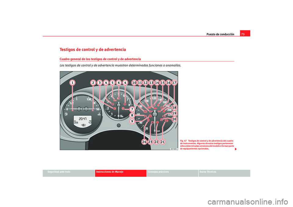 Seat Altea 2005 Manual de instrucciones (in Spanish) Puesto de conducción73
Seguridad ante todo
Instrucciones de Manejo
Consejos prácticos
Datos Técnicos
Testigos de control y de advertencia Cuadro general de los testigos de control y de advertencia
Seat Altea 2005 Manual de instrucciones (in Spanish) Puesto de conducción73
Seguridad ante todo
Instrucciones de Manejo
Consejos prácticos
Datos Técnicos
Testigos de control y de advertencia Cuadro general de los testigos de control y de advertencia