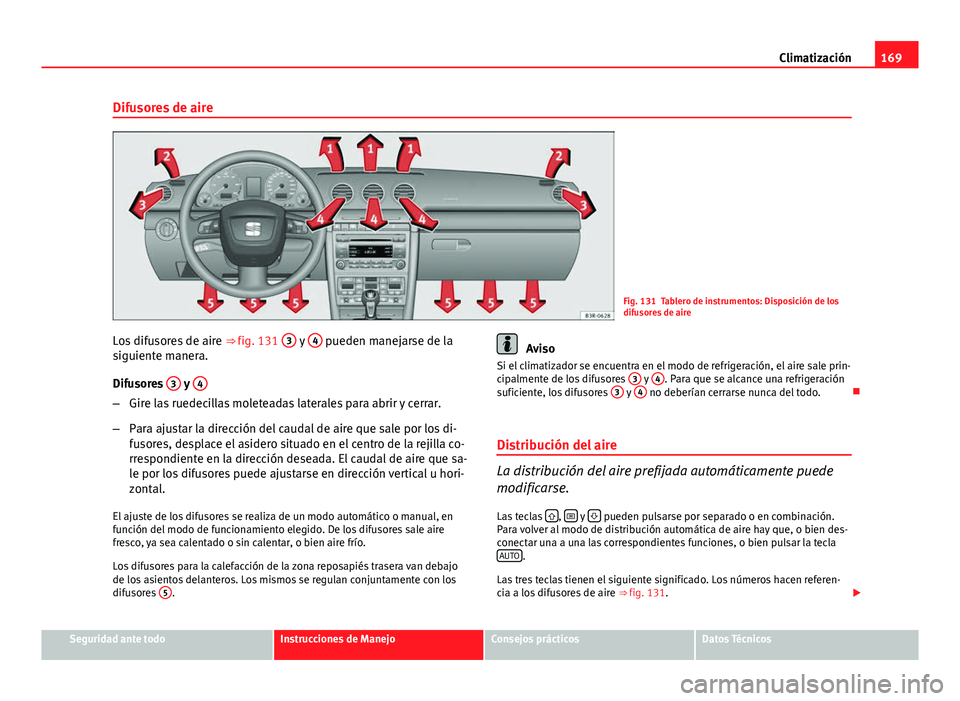 Seat Exeo 2013 Manual de instrucciones (in Spanish) 169
Climatización
Difusores de aire
Fig. 131 Tablero de instrumentos: Disposición de los
difusores de aire
Los difusores de aire ⇒ fig. 131 3
y 4 pueden manejarse de la
siguiente manera.
Difus Seat Exeo 2013 Manual de instrucciones (in Spanish) 169
Climatización
Difusores de aire
Fig. 131 Tablero de instrumentos: Disposición de los
difusores de aire
Los difusores de aire ⇒ fig. 131 3
y 4 pueden manejarse de la
siguiente manera.
Difus