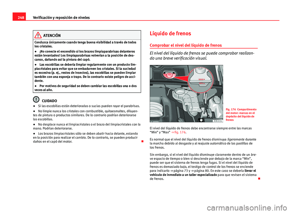 Seat Exeo 2013 Manual de instrucciones (in Spanish) 248Verificación y reposición de niveles
ATENCIÓN
Conduzca únicamente cuando tenga buena visibilidad a través de todos
los cristales.
● ¡No conecte el encendido si los brazos limpiaparabrisas d Seat Exeo 2013 Manual de instrucciones (in Spanish) 248Verificación y reposición de niveles
ATENCIÓN
Conduzca únicamente cuando tenga buena visibilidad a través de todos
los cristales.
● ¡No conecte el encendido si los brazos limpiaparabrisas d
