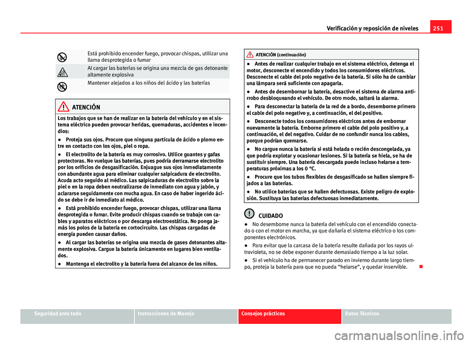 Seat Exeo 2009  Manual de instrucciones (in Spanish) 251
Verificación y reposición de niveles
Está prohibido encender fuego, provocar chispas, utilizar una
llama desprotegida o fumar
Al cargar las baterías se origina una mezcla de gas detonant