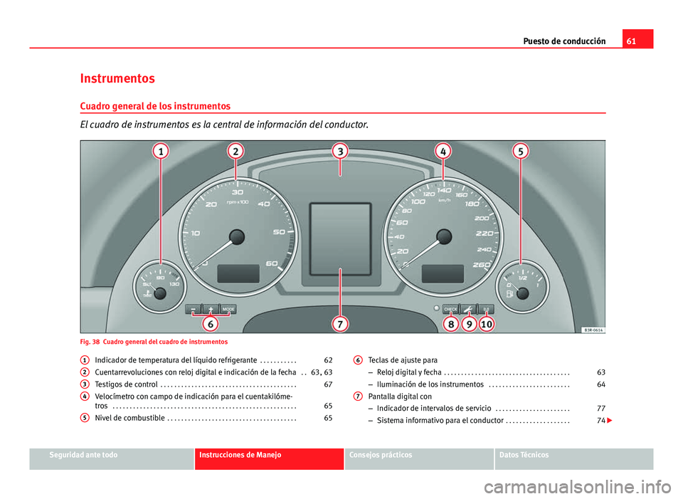 Seat Exeo 2010 Manual de instrucciones (in Spanish) 61
Puesto de conducción
Instrumentos
Cuadro general de los instrumentos
El cuadro de instrumentos es la central de información del conductor.
Fig. 38 Cuadro general del cuadro de instrumentos Indica Seat Exeo 2010 Manual de instrucciones (in Spanish) 61
Puesto de conducción
Instrumentos
Cuadro general de los instrumentos
El cuadro de instrumentos es la central de información del conductor.
Fig. 38 Cuadro general del cuadro de instrumentos Indica