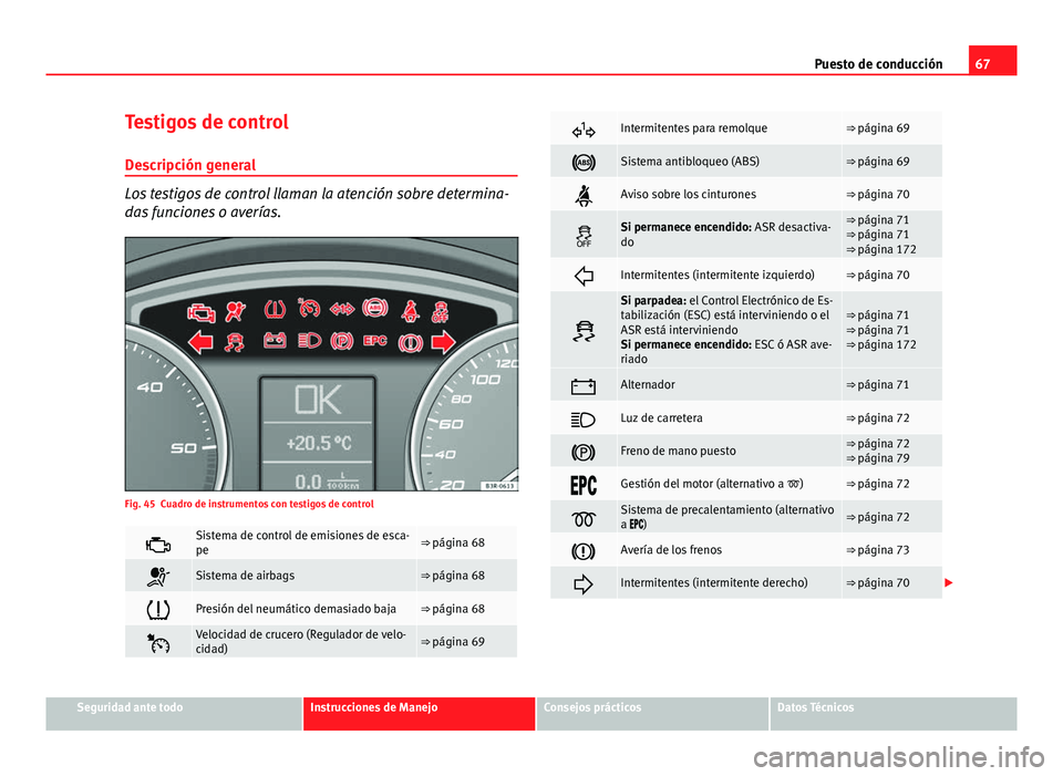 Seat Exeo 2010 Manual de instrucciones (in Spanish) 67
Puesto de conducción
Testigos de control
Descripción general
Los testigos de control llaman la atención sobre determina-
das funciones o averías.
Fig. 45 Cuadro de instrumentos con testigos de Seat Exeo 2010 Manual de instrucciones (in Spanish) 67
Puesto de conducción
Testigos de control
Descripción general
Los testigos de control llaman la atención sobre determina-
das funciones o averías.
Fig. 45 Cuadro de instrumentos con testigos de