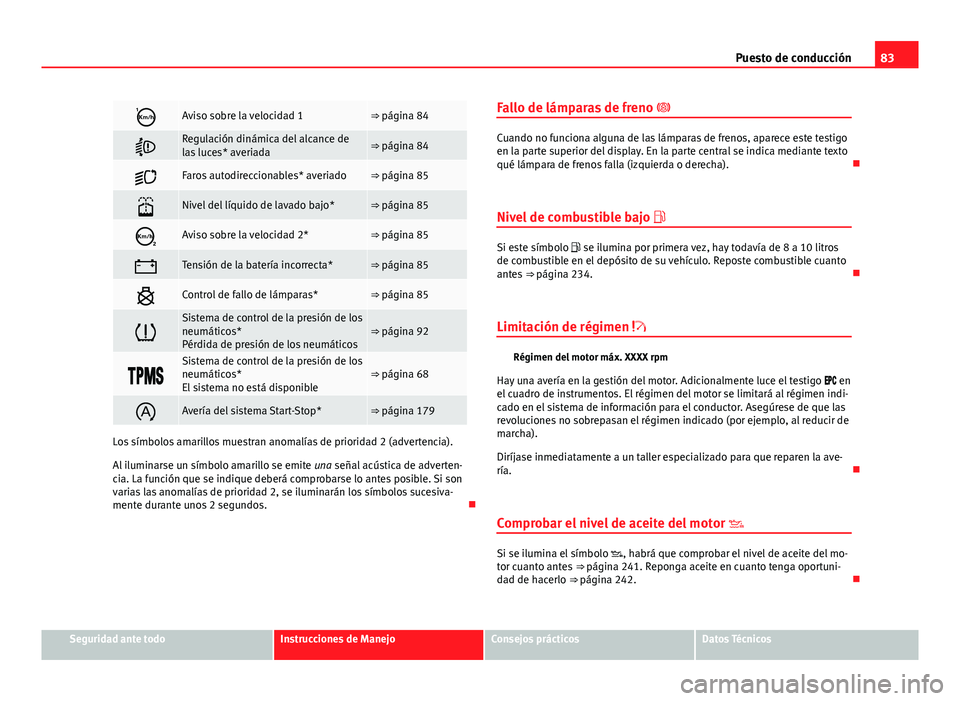 Seat Exeo 2012  Manual de instrucciones (in Spanish) 83
Puesto de conducción
Aviso sobre la velocidad 1⇒ página 84
Regulación dinámica del alcance de
las luces* averiada⇒ página 84
Faros autodireccionables* averiado⇒ página 85