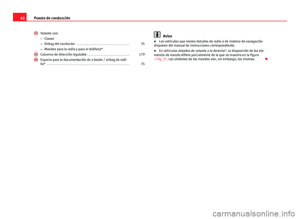 Seat Exeo ST 2013 Manual de instrucciones (in Spanish) 62Puesto de conducción
Volante con:
–Claxon
– Airbag del conductor . . . . . . . . . . . . . . . . . . . . . . . . . . . . . . . . . . . 35
– Mandos para la radio y para el teléfono*
Columna Seat Exeo ST 2013 Manual de instrucciones (in Spanish) 62Puesto de conducción
Volante con:
–Claxon
– Airbag del conductor . . . . . . . . . . . . . . . . . . . . . . . . . . . . . . . . . . . 35
– Mandos para la radio y para el teléfono*
Columna