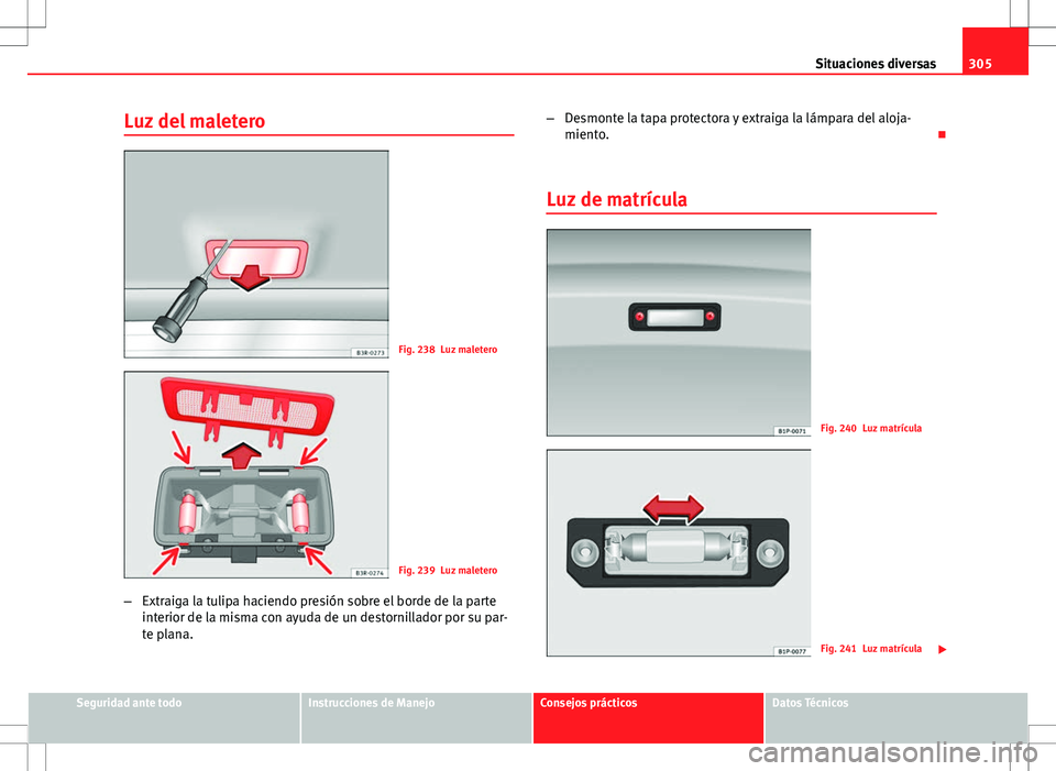 Seat Exeo ST 2012  Manual de instrucciones (in Spanish) 305
Situaciones diversas
Luz del maletero
Fig. 238 Luz maletero
Fig. 239 Luz maletero
– Extraiga la tulipa haciendo presión sobre el borde de la parte
interior de la misma con ayuda de un destornil