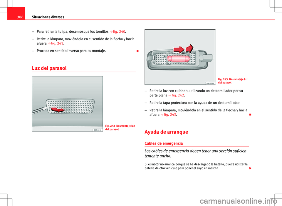 Seat Exeo ST 2012  Manual de instrucciones (in Spanish) 306Situaciones diversas
–Para retirar la tulipa, desenrosque los tornillos  ⇒ fig. 240.
– Retire la lámpara, moviéndola en el sentido de la flecha y hacia
afuera ⇒ fig. 241.
– Proceda 