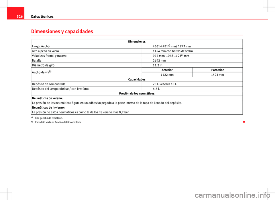 Seat Exeo ST 2012  Manual de instrucciones (in Spanish) 326Datos técnicos
Dimensiones y capacidades
Dimensiones
Largo, Ancho   4661-4741a)
 mm/ 1772 mm
Alto a peso en vacío   1454 mm con barras de techo
Voladizos frontal y trasero   976 mm/ 1048-1123a)
 