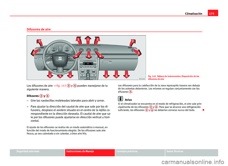 Seat Exeo ST 2010 Manual de instrucciones (in Spanish) 175
Climatización
Difusores de aire
Fig. 143 Tablero de instrumentos: Disposición de los
difusores de aire
Los difusores de aire ⇒ fig. 143 3
y 4 pueden manejarse de la
siguiente manera.
Difus Seat Exeo ST 2010 Manual de instrucciones (in Spanish) 175
Climatización
Difusores de aire
Fig. 143 Tablero de instrumentos: Disposición de los
difusores de aire
Los difusores de aire ⇒ fig. 143 3
y 4 pueden manejarse de la
siguiente manera.
Difus