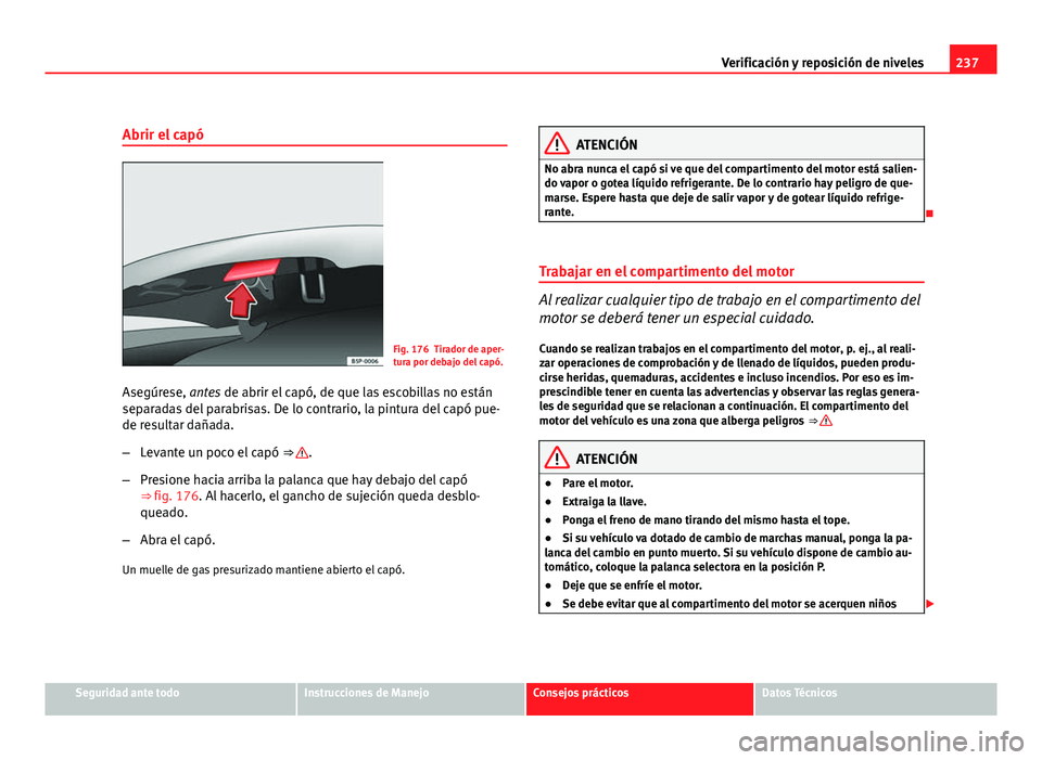 Seat Exeo ST 2010 Manual de instrucciones (in Spanish) 237
Verificación y reposición de niveles
Abrir el capó
Fig. 176 Tirador de aper-
tura por debajo del capó.
Asegúrese, antes de abrir el capó, de que las escobillas no están
separadas del parabr Seat Exeo ST 2010 Manual de instrucciones (in Spanish) 237
Verificación y reposición de niveles
Abrir el capó
Fig. 176 Tirador de aper-
tura por debajo del capó.
Asegúrese, antes de abrir el capó, de que las escobillas no están
separadas del parabr
