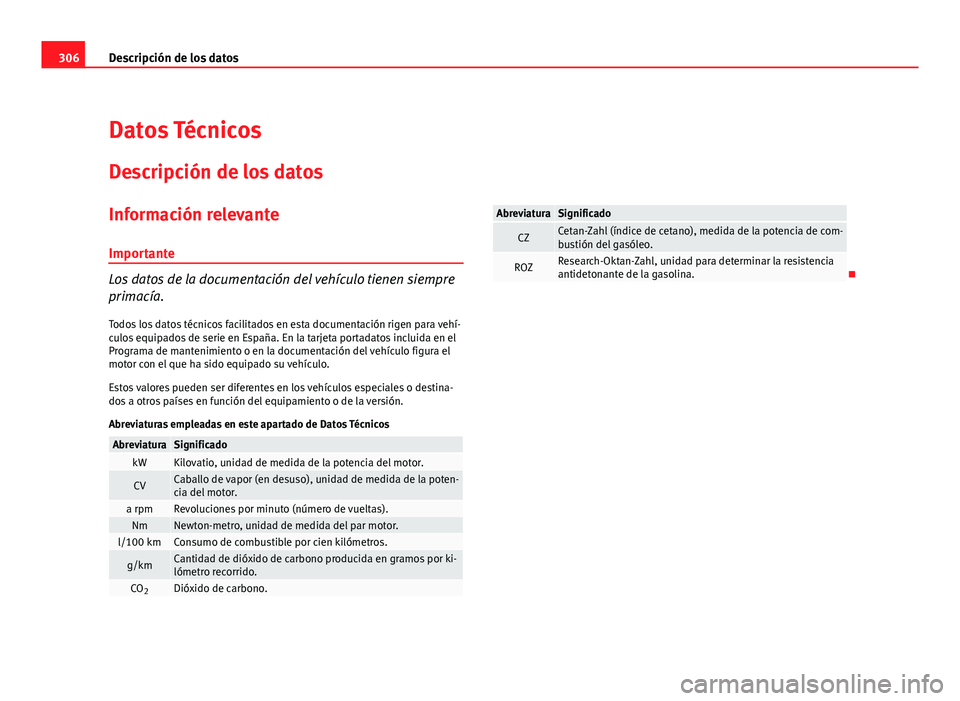Seat Exeo ST 2010 Manual de instrucciones (in Spanish) 306Descripción de los datos
Datos Técnicos
Descripción de los datos
Información relevante
Importante
Los datos de la documentación del vehículo tienen siempre
primacía. Todos los datos técnico Seat Exeo ST 2010 Manual de instrucciones (in Spanish) 306Descripción de los datos
Datos Técnicos
Descripción de los datos
Información relevante
Importante
Los datos de la documentación del vehículo tienen siempre
primacía. Todos los datos técnico