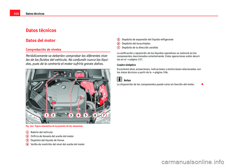 Seat Exeo ST 2010 Manual de instrucciones (in Spanish) 310Datos técnicos
Datos técnicos
Datos del motor
Comprobación de niveles
Periódicamente se deberían comprobar los diferentes nive-
les de los fluidos del vehículo. No confundir nunca los líqui- Seat Exeo ST 2010 Manual de instrucciones (in Spanish) 310Datos técnicos
Datos técnicos
Datos del motor
Comprobación de niveles
Periódicamente se deberían comprobar los diferentes nive-
les de los fluidos del vehículo. No confundir nunca los líqui-