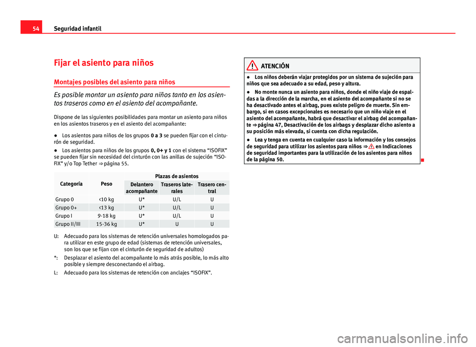 Seat Exeo ST 2010 Manual de instrucciones (in Spanish) 54Seguridad infantil
Fijar el asiento para niños
Montajes posibles del asiento para niños
Es posible montar un asiento para niños tanto en los asien-
tos traseros como en el asiento del acompañant Seat Exeo ST 2010 Manual de instrucciones (in Spanish) 54Seguridad infantil
Fijar el asiento para niños
Montajes posibles del asiento para niños
Es posible montar un asiento para niños tanto en los asien-
tos traseros como en el asiento del acompañant