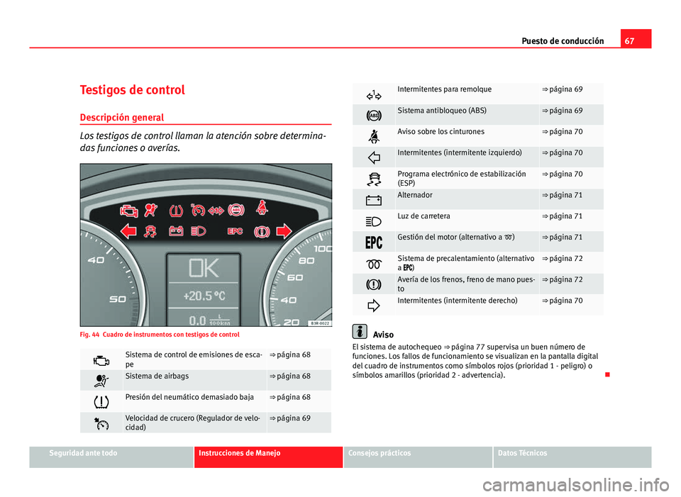 Seat Exeo ST 2010 Manual de instrucciones (in Spanish) 67
Puesto de conducción
Testigos de control
Descripción general
Los testigos de control llaman la atención sobre determina-
das funciones o averías.
Fig. 44 Cuadro de instrumentos con testigos de Seat Exeo ST 2010 Manual de instrucciones (in Spanish) 67
Puesto de conducción
Testigos de control
Descripción general
Los testigos de control llaman la atención sobre determina-
das funciones o averías.
Fig. 44 Cuadro de instrumentos con testigos de