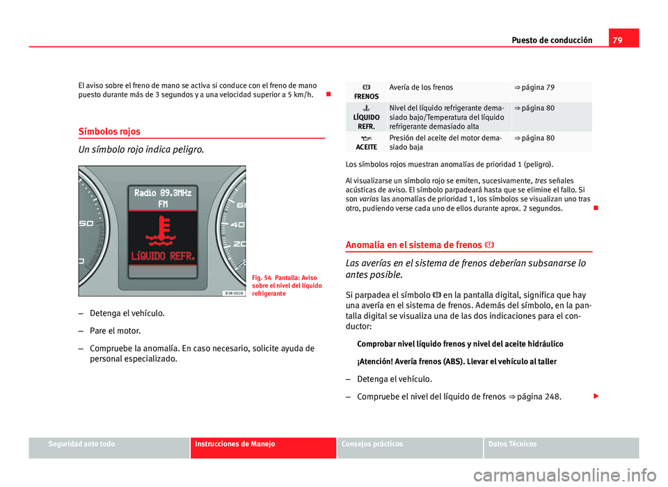 Seat Exeo ST 2010 Manual de instrucciones (in Spanish) 79
Puesto de conducción
El aviso sobre el freno de mano se activa si conduce con el freno de mano
puesto durante más de 3 segundos y a una velocidad superior a 5 km/h.
Símbolos rojos
Un símbol Seat Exeo ST 2010 Manual de instrucciones (in Spanish) 79
Puesto de conducción
El aviso sobre el freno de mano se activa si conduce con el freno de mano
puesto durante más de 3 segundos y a una velocidad superior a 5 km/h.
Símbolos rojos
Un símbol