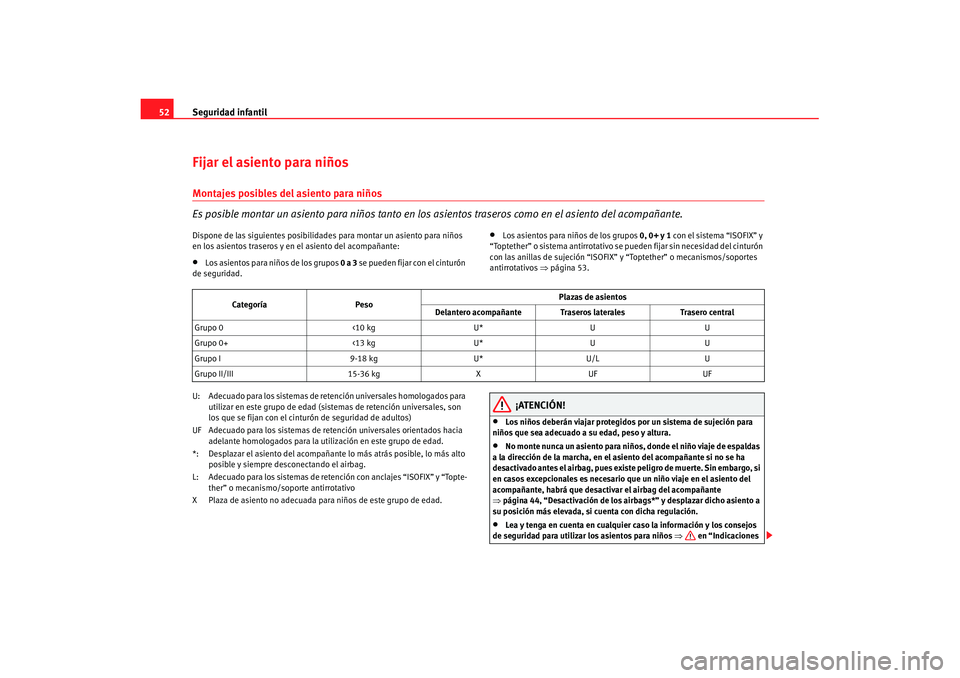 Seat Cordoba 2007  Manual de instrucciones (in Spanish) Seguridad infantil
52Fijar el asiento para niñosMontajes posibles del asiento para niños
Es posible montar un asiento para ni ños tanto en los asientos traseros como en el asiento del acompañante.