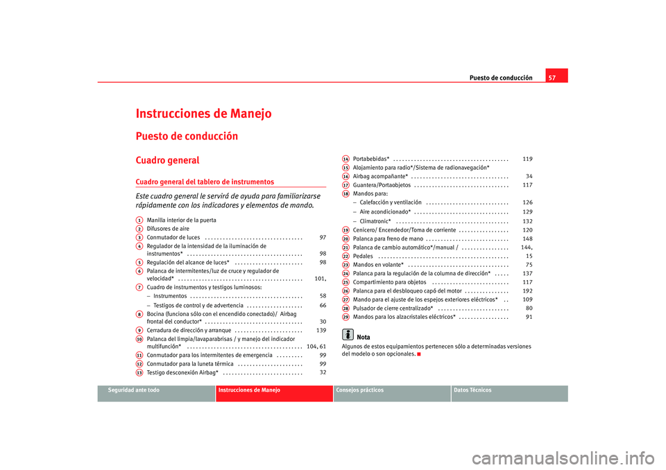Seat Cordoba 2007 Manual de instrucciones (in Spanish) Puesto de conducción57
Seguridad ante todo
Instrucciones de Manejo
Consejos prácticos
Datos Técnicos
Instrucciones de ManejoPuesto de conducciónCuadro generalCuadro general del tablero de instrume Seat Cordoba 2007 Manual de instrucciones (in Spanish) Puesto de conducción57
Seguridad ante todo
Instrucciones de Manejo
Consejos prácticos
Datos Técnicos
Instrucciones de ManejoPuesto de conducciónCuadro generalCuadro general del tablero de instrume