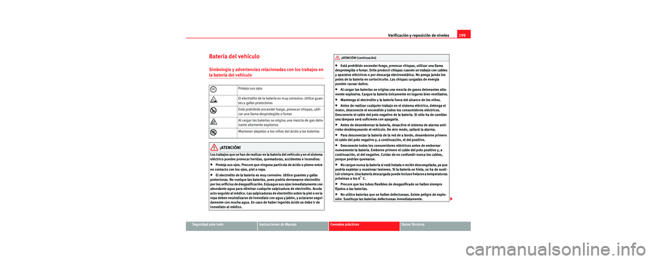 Seat Cordoba 2006 Manual de instrucciones (in Spanish) Verificación y reposición de niveles199
Seguridad ante todoInstrucciones de ManejoConsejos prácticosDatos Técnicos
Batería del vehículo
Simbología y advertencias relacionadas con los trabajos e Seat Cordoba 2006 Manual de instrucciones (in Spanish) Verificación y reposición de niveles199
Seguridad ante todoInstrucciones de ManejoConsejos prácticosDatos Técnicos
Batería del vehículo
Simbología y advertencias relacionadas con los trabajos e