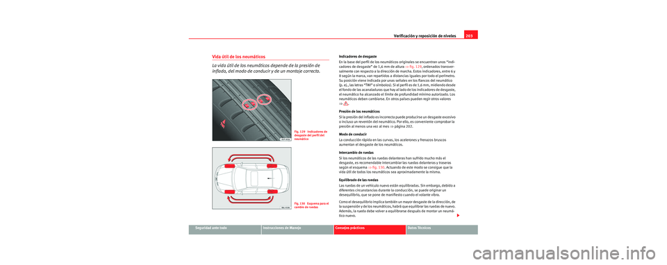 Seat Cordoba 2006 Manual de instrucciones (in Spanish) Verificación y reposición de niveles203
Seguridad ante todoInstrucciones de ManejoConsejos prácticosDatos Técnicos
Vida útil de los neumáticos
La vida útil de los neumáticos depende de la pre Seat Cordoba 2006 Manual de instrucciones (in Spanish) Verificación y reposición de niveles203
Seguridad ante todoInstrucciones de ManejoConsejos prácticosDatos Técnicos
Vida útil de los neumáticos
La vida útil de los neumáticos depende de la pre