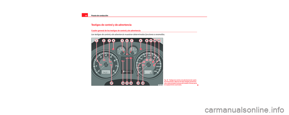 Seat Cordoba 2006 Manual de instrucciones (in Spanish) Puesto de conducción
64
Testigos de control y de advertencia
Cuadro general de los testigos de control y de advertencia
Los testigos de control y de advertencia mu estran determinadas funciones o an Seat Cordoba 2006 Manual de instrucciones (in Spanish) Puesto de conducción
64
Testigos de control y de advertencia
Cuadro general de los testigos de control y de advertencia
Los testigos de control y de advertencia mu estran determinadas funciones o an