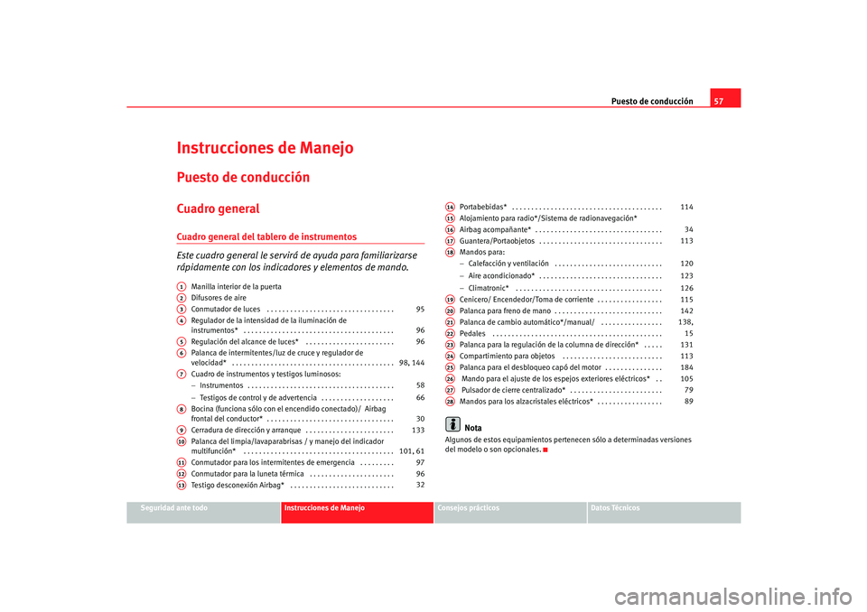 Seat Cordoba 2005 Manual de instrucciones (in Spanish) Puesto de conducción57
Seguridad ante todo
Instrucciones de Manejo
Consejos prácticos
Datos Técnicos
Instrucciones de ManejoPuesto de conducciónCuadro generalCuadro general del tablero de instrume Seat Cordoba 2005 Manual de instrucciones (in Spanish) Puesto de conducción57
Seguridad ante todo
Instrucciones de Manejo
Consejos prácticos
Datos Técnicos
Instrucciones de ManejoPuesto de conducciónCuadro generalCuadro general del tablero de instrume