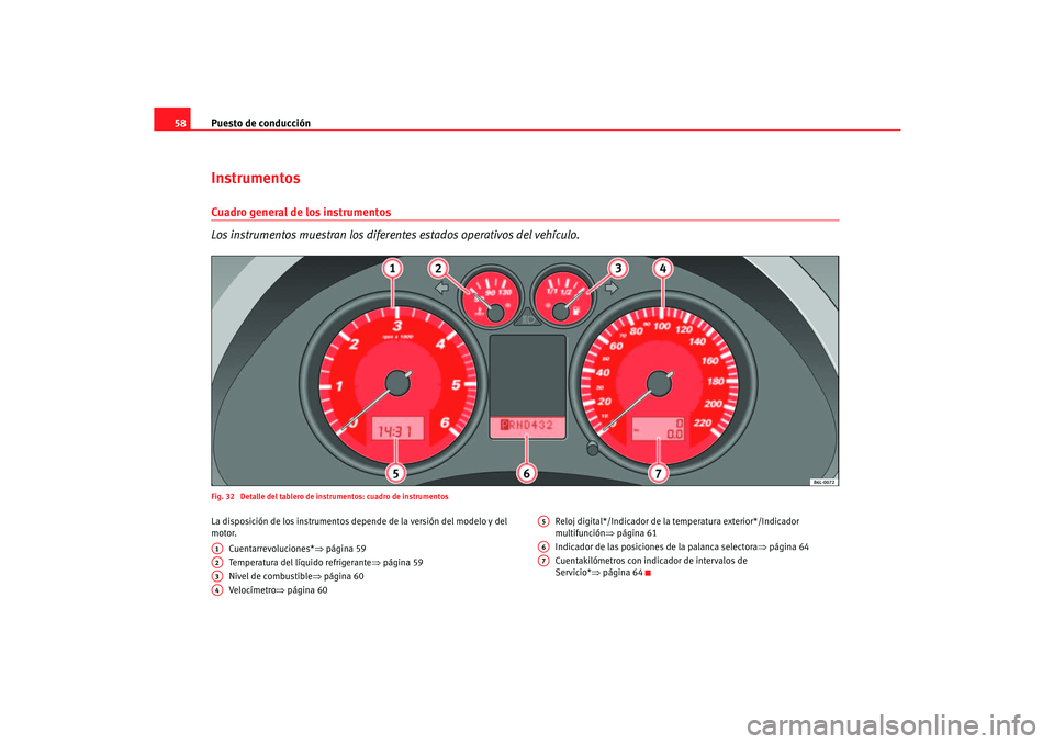 Seat Cordoba 2005 Manual de instrucciones (in Spanish) Puesto de conducción
58InstrumentosCuadro general de los instrumentos
Los instrumentos muestran los diferentes estados operativos del vehículo.Fig. 32 Detalle del tablero de instrumentos: cuadro de Seat Cordoba 2005 Manual de instrucciones (in Spanish) Puesto de conducción
58InstrumentosCuadro general de los instrumentos
Los instrumentos muestran los diferentes estados operativos del vehículo.Fig. 32 Detalle del tablero de instrumentos: cuadro de