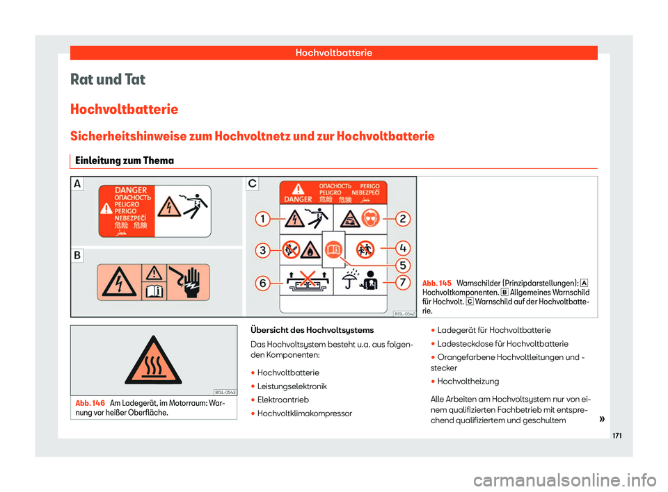 Seat Mii electric 2020  Betriebsanleitung (in German) Hochvoltbatterie
Rat und Tat
Hochv oltbatt
erie
Sicherheitshinw
eise zum Hochvoltnetz und zur Hochvoltbatterie
Einleitung zum Thema Abb. 145 
Warnschilder (Prinzipdarstellungen): �
Hochvoltk ompone