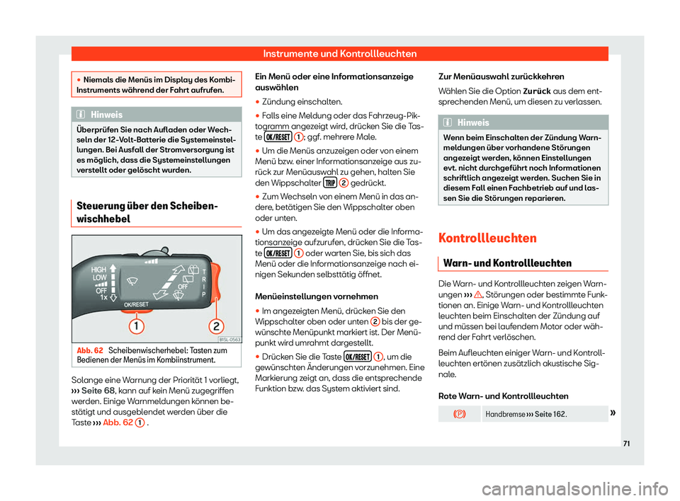 Seat Mii electric 2020  Betriebsanleitung (in German) Instrumente und Kontrollleuchten
