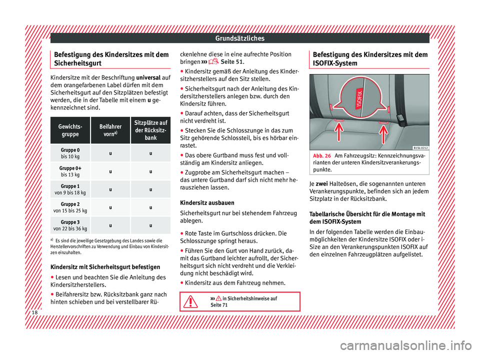 Seat Mii electric 2017 Betriebsanleitung (in German) Grundsätzliches
Befestigung des Kindersitzes mit dem
Sic herheit
sgur
tKindersitze mit der Beschriftung
univer
sal auf
dem orangefarbenen Label dürfen mit dem
Sicherheitsgurt auf den Sitzplätzen Seat Mii electric 2017 Betriebsanleitung (in German) Grundsätzliches
Befestigung des Kindersitzes mit dem
Sic herheit
sgur
tKindersitze mit der Beschriftung
univer
sal auf
dem orangefarbenen Label dürfen mit dem
Sicherheitsgurt auf den Sitzplätzen