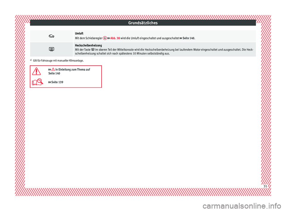 Seat Mii electric 2017  Betriebsanleitung (in German) Grundsätzliches
Umluft
Mit dem Schieberegler 
4 
›››  Abb. 38 wird die Umluft eingeschaltet und ausgeschaltet  ››› Seite 140. 
Heckscheibenheizung
Mit der Taste  im oberen Teil d