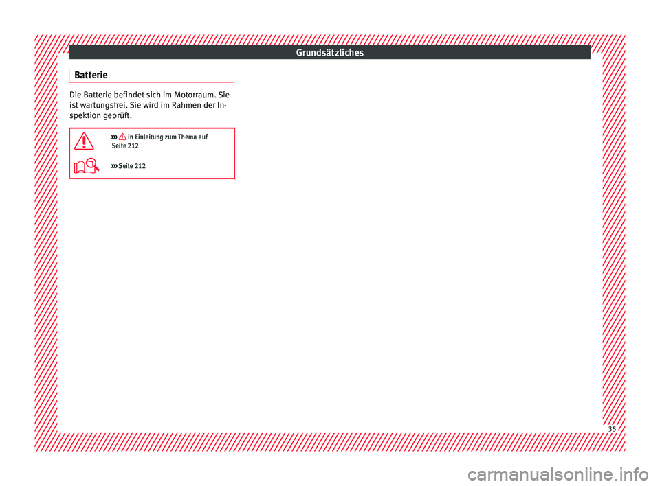 Seat Mii electric 2017  Betriebsanleitung (in German) Grundsätzliches
Batterie Die Batterie befindet sich im Motorraum. Sie
is
t
 wartungsfrei. Sie wird im Rahmen der In-
spektion geprüft.

›››  in Einleitung zum Thema auf
Seite 212
››�