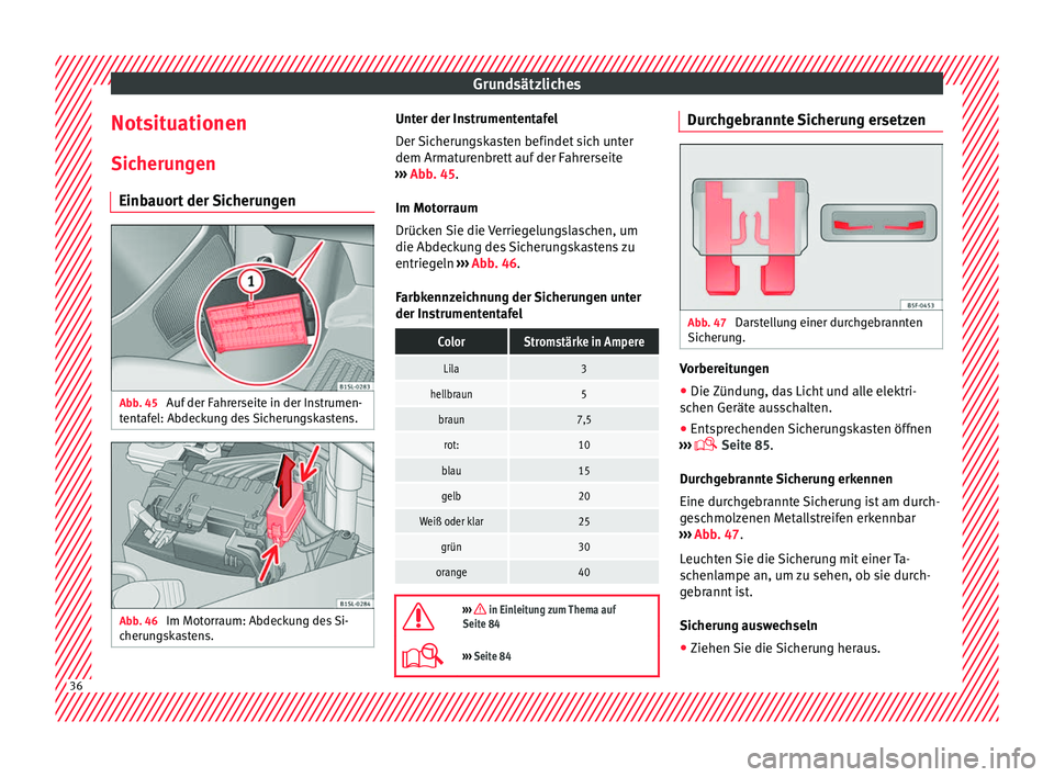 Seat Mii electric 2017  Betriebsanleitung (in German) Grundsätzliches
Notsituationen Sic heru
n
gen
Einbauort der Sicherungen Abb. 45 
Auf der Fahrerseite in der Instrumen-
t ent
af

el: Abdeckung des Sicherungskastens. Abb. 46 
Im Motorraum: Abdeckung 