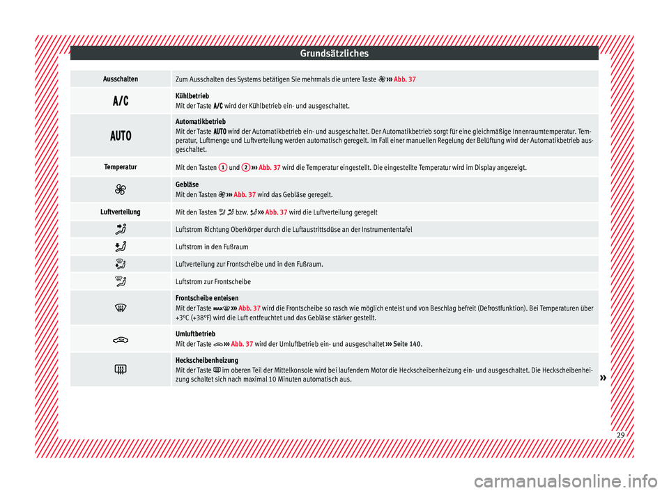 Seat Mii electric 2016  Betriebsanleitung (in German) GrundsätzlichesAusschaltenZum Ausschalten des Systems betätigen Sie mehrmals die untere Taste  
›››  Abb. 37 
Kühlbetrieb
Mit der Taste  wird der Kühlbetrieb ein- und au
