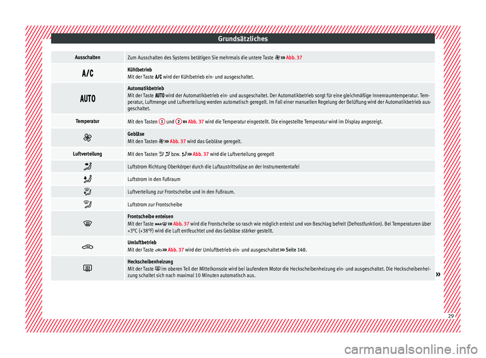 Seat Mii electric 2016  Betriebsanleitung (in German) GrundsätzlichesAusschaltenZum Ausschalten des Systems betätigen Sie mehrmals die untere Taste  
›››  Abb. 37 
Kühlbetrieb
Mit der Taste  wird der Kühlbetrieb ein- und au