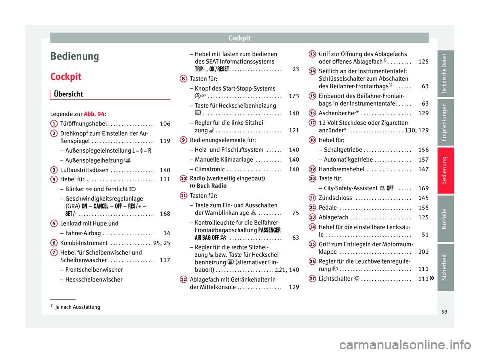 Seat Mii electric 2016 Betriebsanleitung (in German) Cockpit
Bedienung
C oc
kpit
Über
sicht Legende zur
Abb. 94:
T
üröffnungshebel . . . . . . . . . . . . . . . . . 106
Drehknopf zum Einstellen der Au-
ßenspie
gel . . . . . . . . . . . . . . . . Seat Mii electric 2016 Betriebsanleitung (in German) Cockpit
Bedienung
C oc
kpit
Über
sicht Legende zur
Abb. 94:
T
üröffnungshebel . . . . . . . . . . . . . . . . . 106
Drehknopf zum Einstellen der Au-
ßenspie
gel . . . . . . . . . . . . . . . .