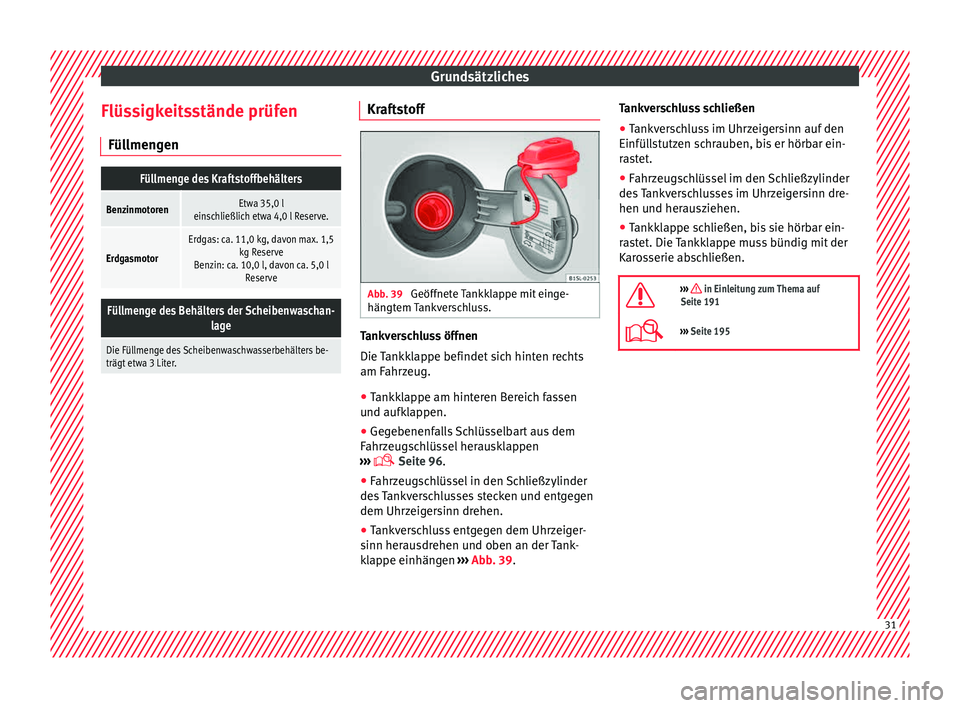 Seat Mii electric 2015 Betriebsanleitung (in German) Grundsätzliches
Flüssigkeitsstände prüfen Fül lmen
g
en
Füllmenge des Kraftstoffbehälters
BenzinmotorenEtwa 35,0 l
einschließlich etwa 4,0 l Reserve.
Erdgasmotor
Erdgas: ca. 11,0 kg, davon max Seat Mii electric 2015 Betriebsanleitung (in German) Grundsätzliches
Flüssigkeitsstände prüfen Fül lmen
g
en
Füllmenge des Kraftstoffbehälters
BenzinmotorenEtwa 35,0 l
einschließlich etwa 4,0 l Reserve.
Erdgasmotor
Erdgas: ca. 11,0 kg, davon max