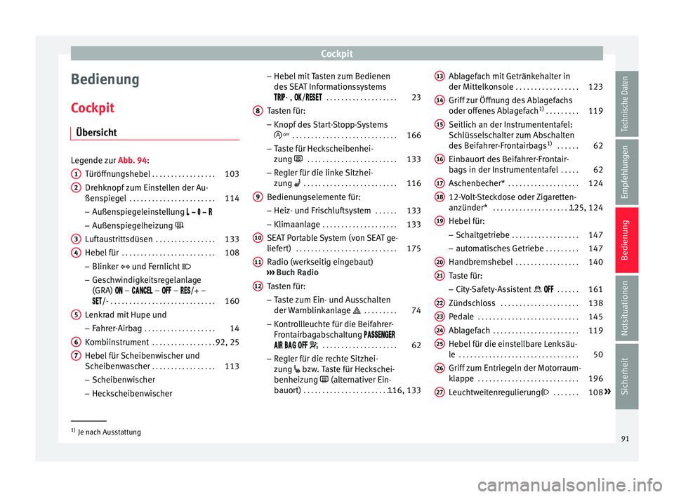 Seat Mii electric 2015  Betriebsanleitung (in German) Cockpit
Bedienung
C oc
kpit
Über
sicht Legende zur 
Abb. 94:
T
 üröffnungshebel  . . . . . . . . . . . . . . . . . 103
Drehknopf zum Einstellen der Au-
ßenspie
 gel . . . . . . . . . . . . . . . .