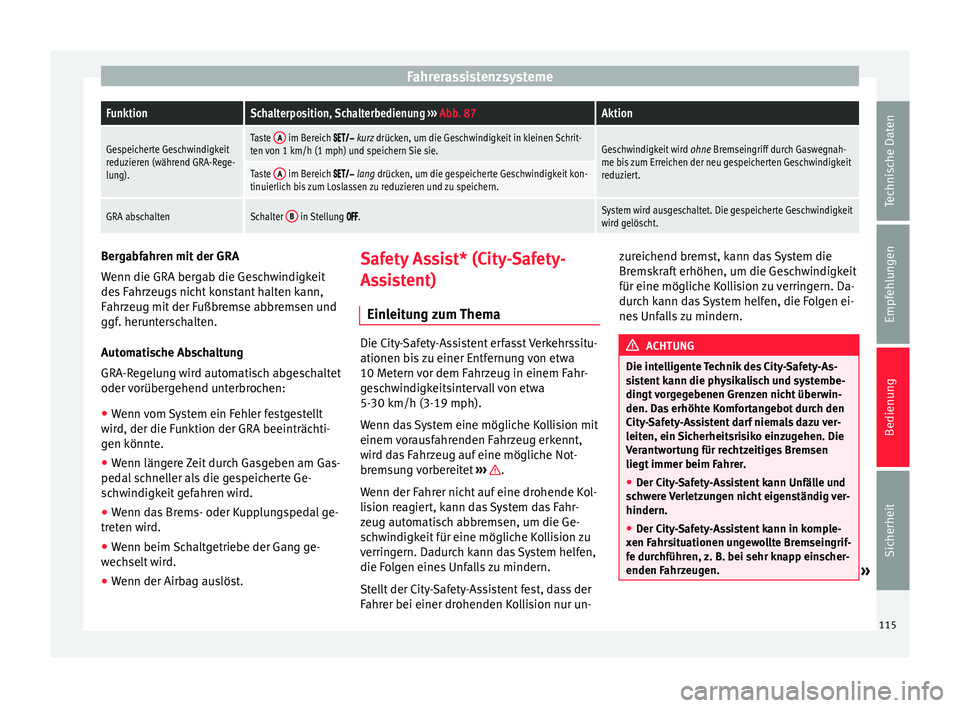 Seat Mii electric 2013  Betriebsanleitung (in German) FahrerassistenzsystemeFunktionSchalterposition, Schalterbedienung 
››› Abb. 87Aktion
Gespeicherte Geschwindigkeit
reduzieren (während GRA-Rege-
lung).Taste  A im Bereich  kurz dr