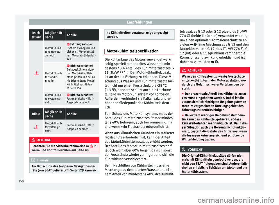 Seat Mii electric 2013  Betriebsanleitung (in German) EmpfehlungenLeuch-
tet aufMögliche Ur-
sacheAbhilfe 
Motorkühlmit-
teltemperatur
zu hoch.  Fahrzeug anhalten
, sobald es möglich und
sicher ist. Motor abstel-
len, Motor abkühlen las-
sen.
M