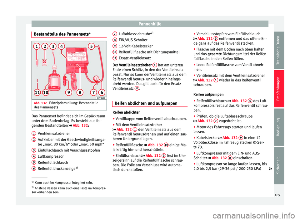 Seat Mii electric 2013  Betriebsanleitung (in German) Pannenhilfe
Bestandteile des Pannensets* Abb. 132 
Prinzipdarstellung: Bestandteile
des Pannensets Das Pannenset befindet sich im Gepäckraum
unter dem Bodenbelag. Es besteht aus fol-
genden Bestandte