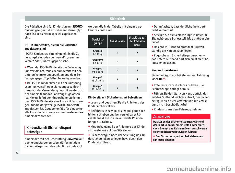 Seat Mii electric 2013 Betriebsanleitung (in German) Sicherheit
Die Rücksitze sind für Kindersitze mit ISOFIX-
System geeignet, die für diesen Fahrzeugtyp
n ac
h ECE-R 44 Norm speziell zugelassen
sind.
ISOFIX-Kindersitze, die für die Rücksitze
zu Seat Mii electric 2013 Betriebsanleitung (in German) Sicherheit
Die Rücksitze sind für Kindersitze mit ISOFIX-
System geeignet, die für diesen Fahrzeugtyp
n ac
h ECE-R 44 Norm speziell zugelassen
sind.
ISOFIX-Kindersitze, die für die Rücksitze
zu
