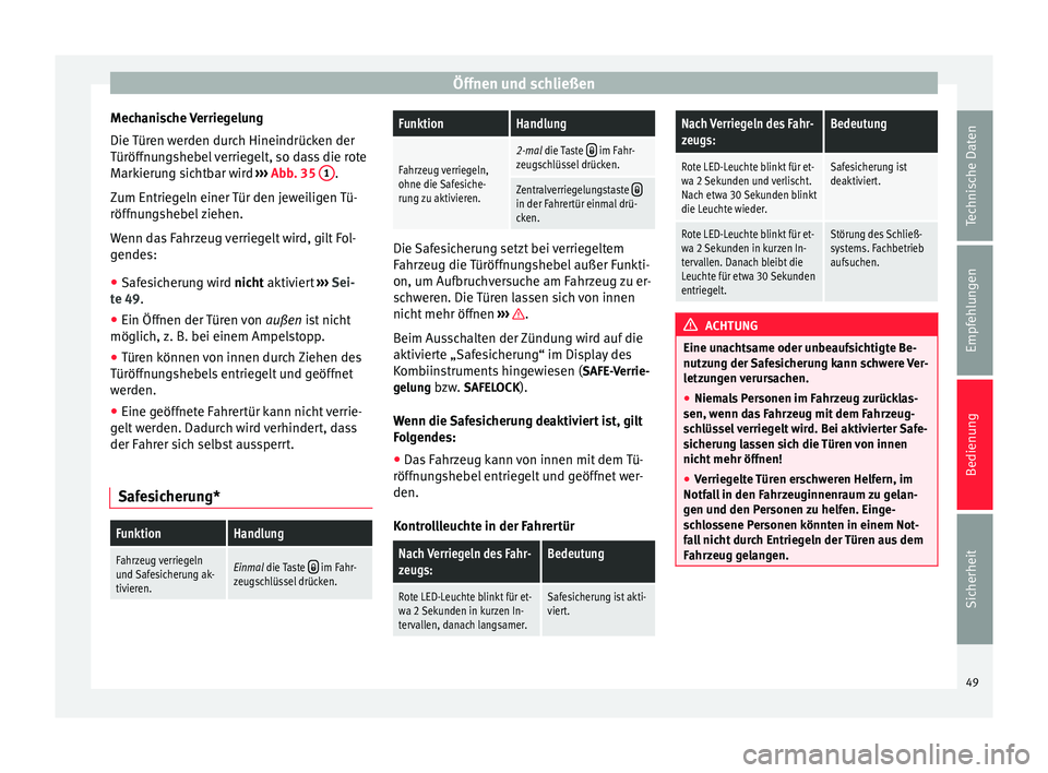 Seat Mii electric 2013  Betriebsanleitung (in German) Öffnen und schließen
Mechanische Verriegelung
Die Türen werden durch Hineindrücken der
Türöffnungshebel verriegelt, so dass die rote
Markierung sichtbar wird  ››› Abb. 35  1 .
Zum Entriege