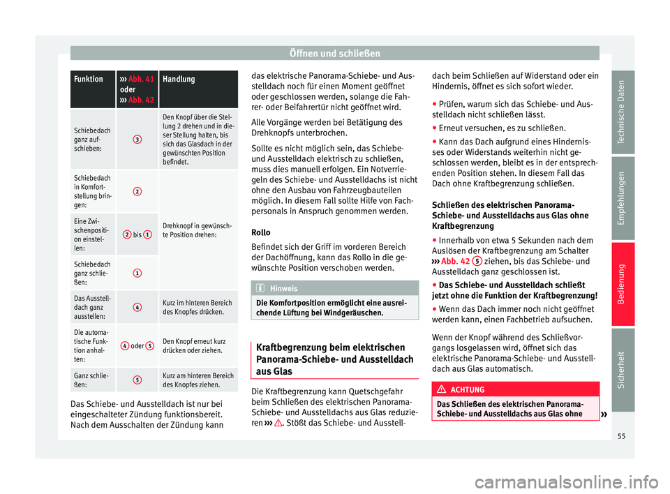 Seat Mii electric 2013  Betriebsanleitung (in German) Öffnen und schließenFunktion››› 
Abb. 41
oder
›››  Abb. 42Handlung
Schiebedach
ganz auf-
schieben:3
Den Knopf über die Stel-
lung 2 drehen und in die-
ser Stellung halten, bis
sich das 
