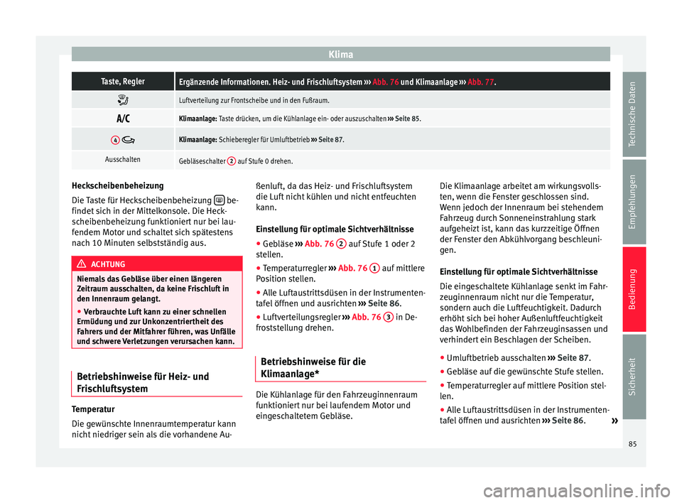 Seat Mii electric 2013  Betriebsanleitung (in German) KlimaTaste, ReglerErgänzende Informationen. Heiz- und Frischluftsystem 
››› Abb. 76 und Klimaanlage  ››› Abb. 77. 
Luftverteilung zur Frontscheibe und in den Fußraum.

Klimaanlage: