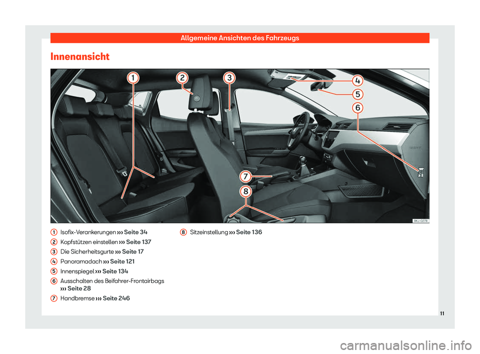 Seat Ibiza 2020  Betriebsanleitung (in German) Allgemeine Ansichten des Fahrzeugs
Innenansicht Isofix-Verankerungen 
››
› Seite 34
Kopfstützen einstellen  ››› Seite 137
Die Sicherheitsgurte  ››› Seite 17
Panoramadach  ››› 