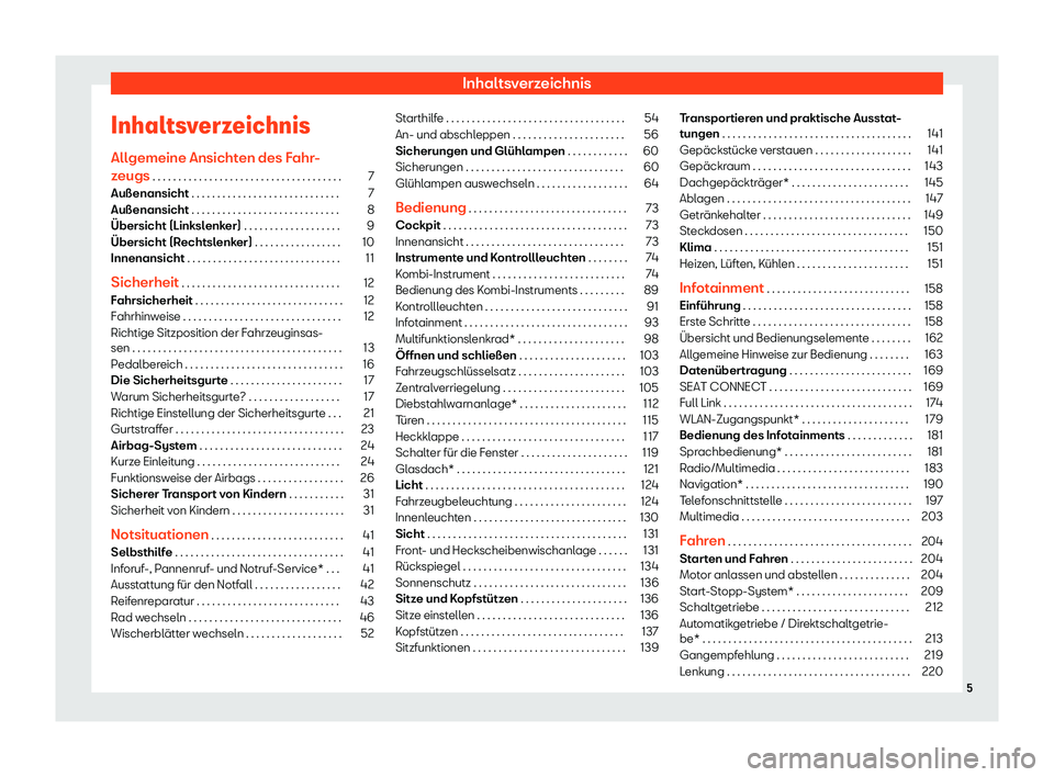 Seat Ibiza 2020  Betriebsanleitung (in German) Inhaltsverzeichnis
Inhaltsverzeichnis All gemeine Ansicht
en des Fahr-
zeugs . . . . . . . . . . . . . . . . . . . . . . . . . . . . . . . . . . . . . 7
Außenansicht . . . . . . . . . . . . . . . . .