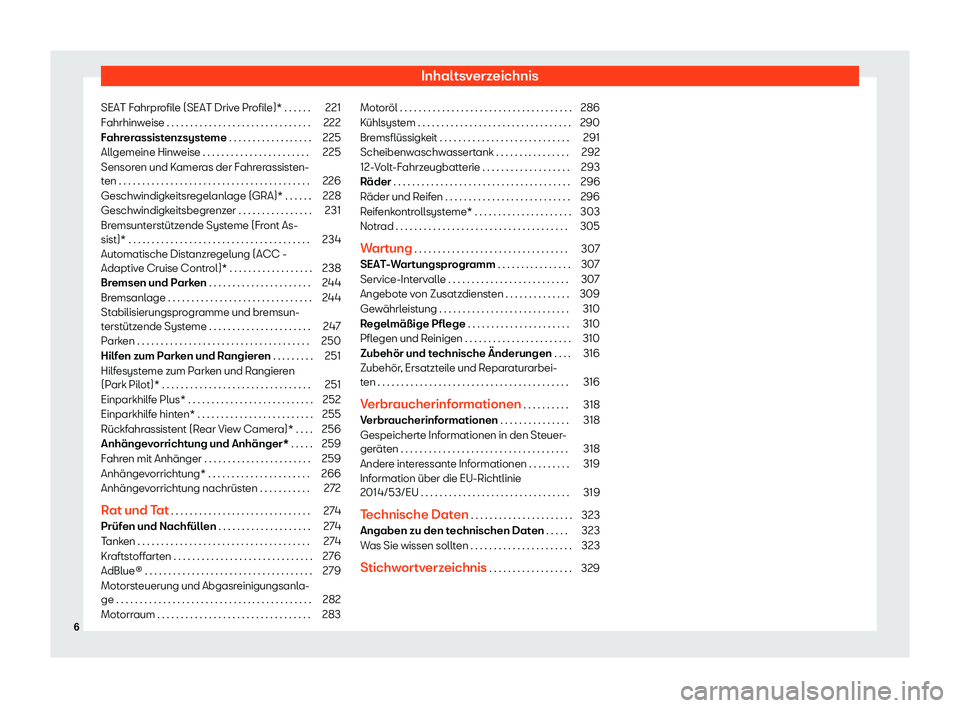 Seat Ibiza 2020  Betriebsanleitung (in German) Inhaltsverzeichnis
SEAT Fahrprofile (SEAT Drive Profile)* . . . . . . 221
Fahrhinweise . . . . . . . . . . . . . . . . . . . . . . . . . . . . . . . 222
Fahrerassistenzsysteme . . . . . . . . . . . . 