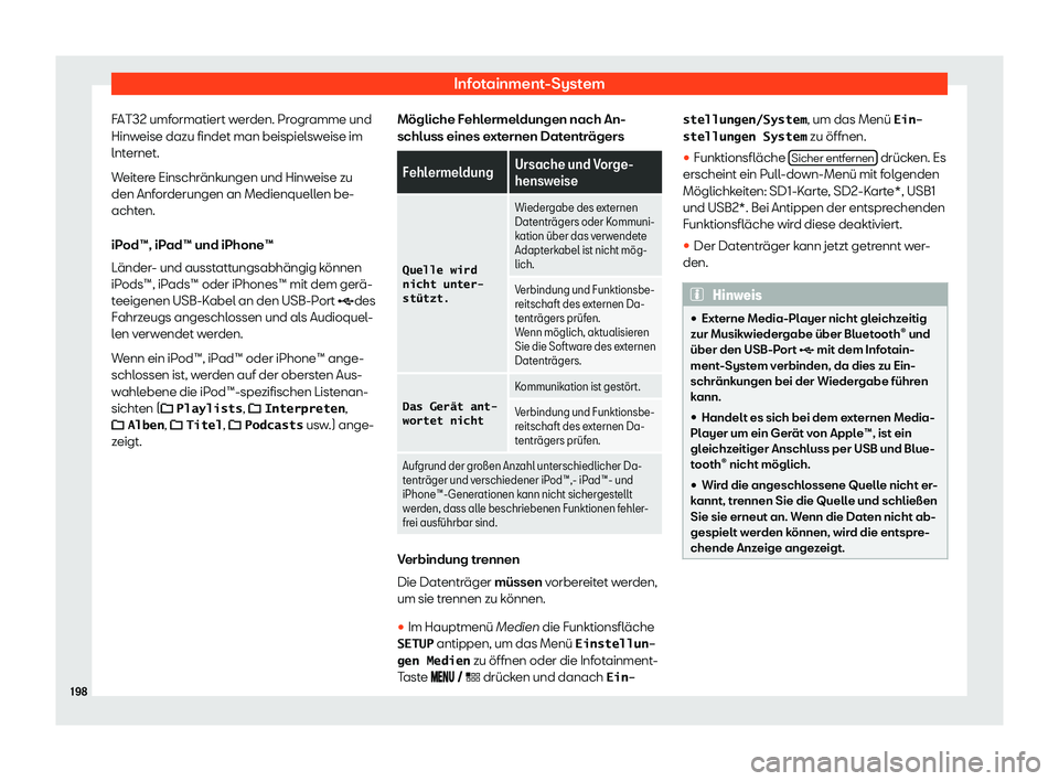 Seat Ibiza 2019  Betriebsanleitung (in German) Infotainment-System
FAT32 umformatiert werden. Programme und
Hinw eise dazu findet man beispiel
sweise im
lnternet.
Weitere Einschränkungen und Hinweise zu
den Anforderungen an Medienquellen be-
acht
